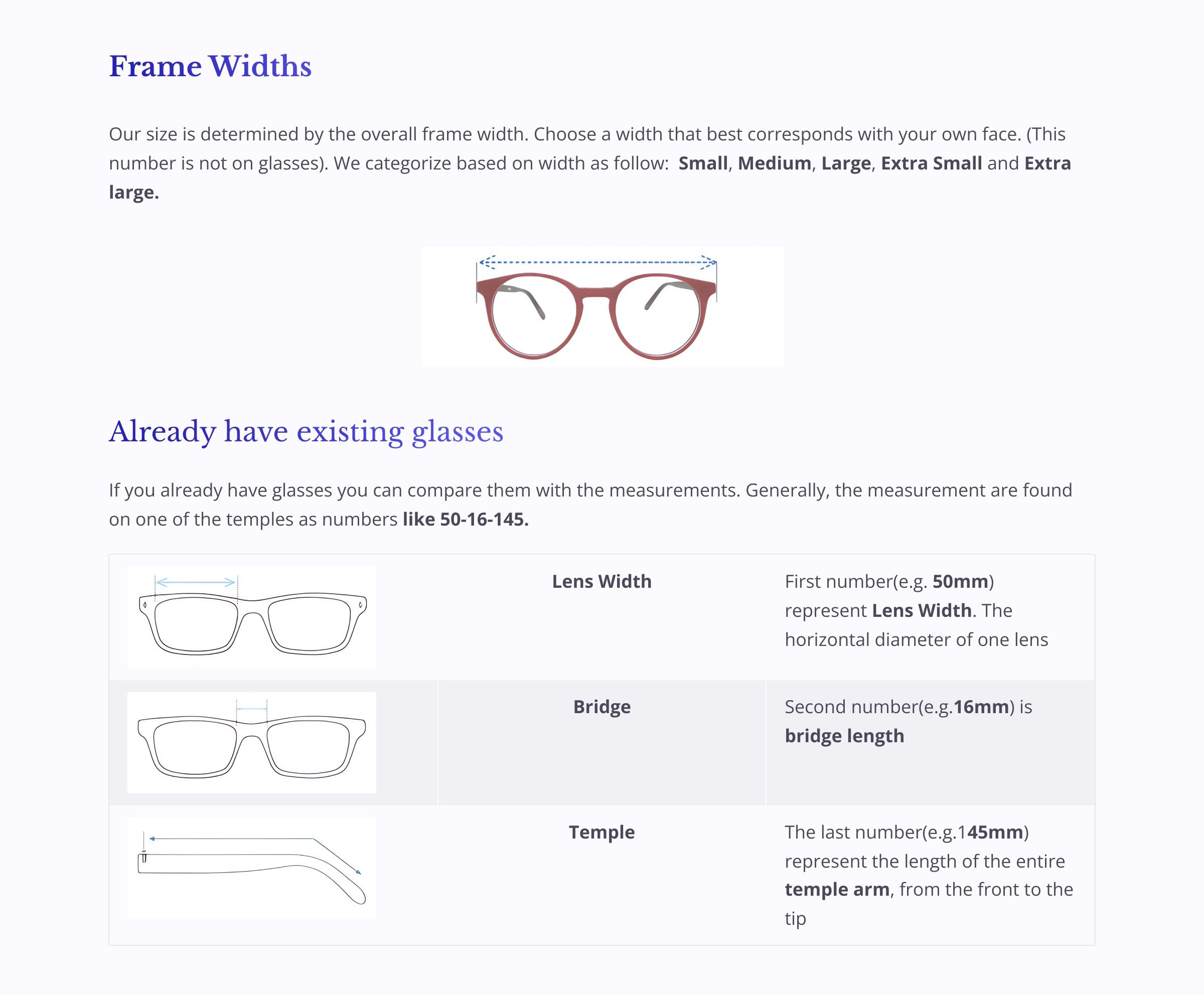 Diagram showing lens width, bridge width, and temple length measurements in millimeters