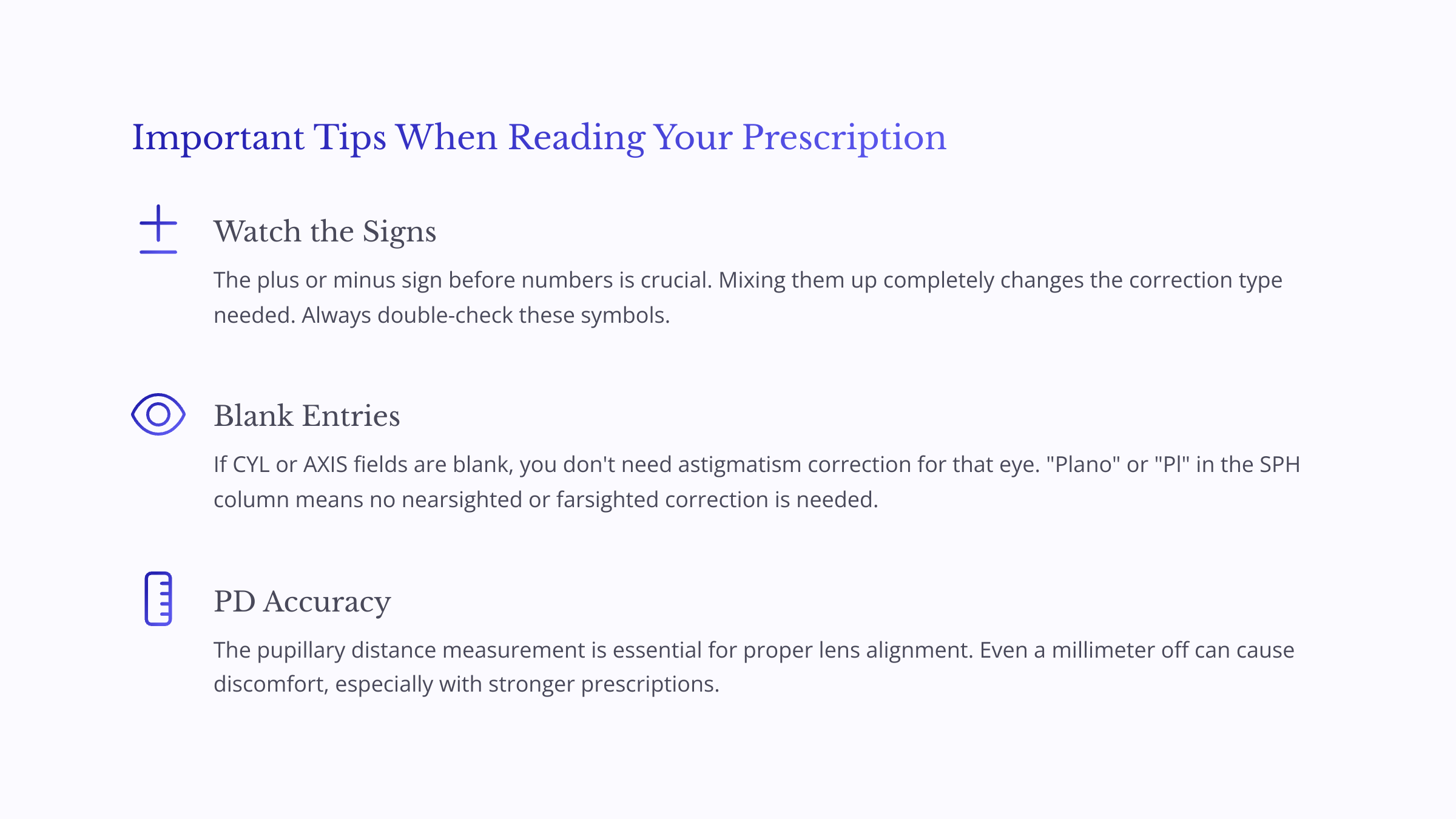 Infographic with important tips for reading and entering your eyeglass prescription correctly