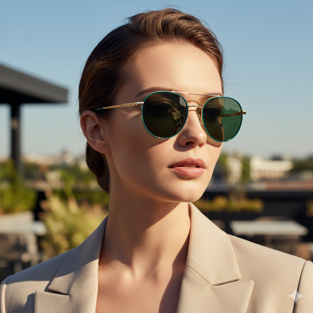 Woman wearing sunglasses with a blurred outdoor background


